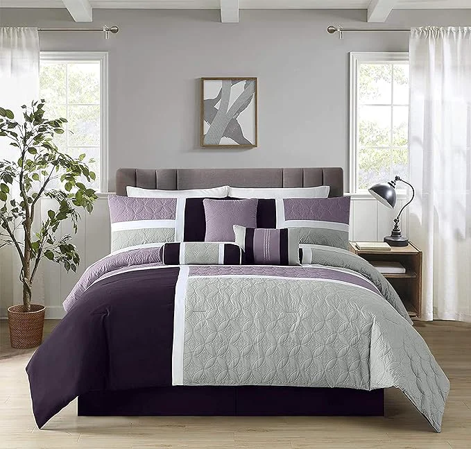 Exclusive Chezmoi Collection Upland 7-Piece Quilted Patchwork Comforter Set Lavender Gray Purple Full Enhanced