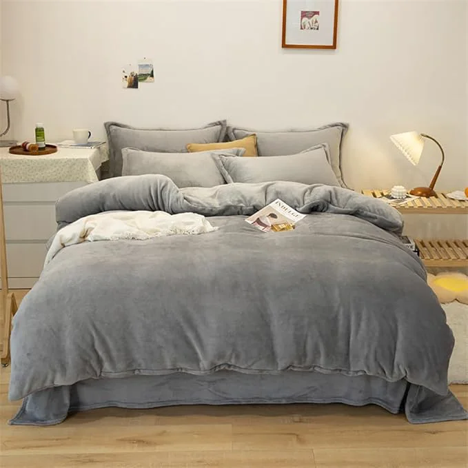 Unique Houseri Grey Velvet Comforter Set Twin Fluffy Flannel Furry Bedding Sets Kids Fuzzy Comforter Plain Grey Sherpa Bedding Comforters Sets Twin Pure