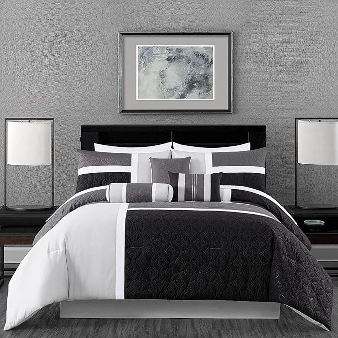 Quality Chezmoi Collection Upland 7-Piece Quilted Patchwork Comforter Set Black Gray Light Gray California King Green
