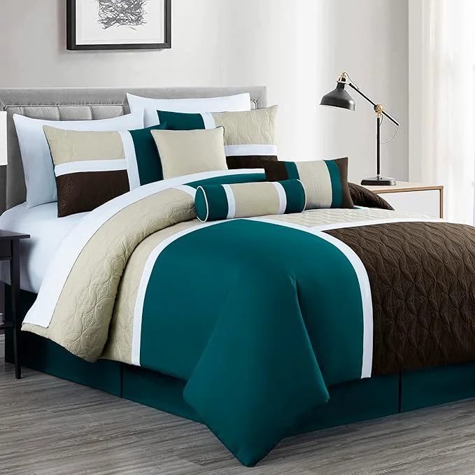 Innovative Chezmoi Collection Upland 7-Piece Quilted Patchwork Comforter Set Teal Beige Brown King Genuine