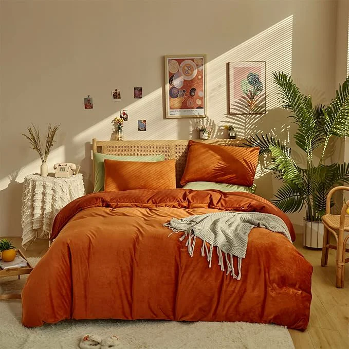 Sophisticated Houseri Burnt Orange Velvet Comforter Set King Rust Comforter Fluffy Bedding Sets Brick Red Comforter Micromink Sherpa Comforter Set Flannel Fuzzy Bed Blanket Rust Red Terracotta Comforter King Size Fast
