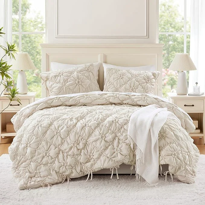 Elegant Intelligent Design Queen Comforter Set – Ivory Lily Puffy Floral Shabby Chic Boho Bedding Comforter Set Pinch Pleat Bedding Sets Ultra-Soft Lightweight amp All-Season Full Queen Practical