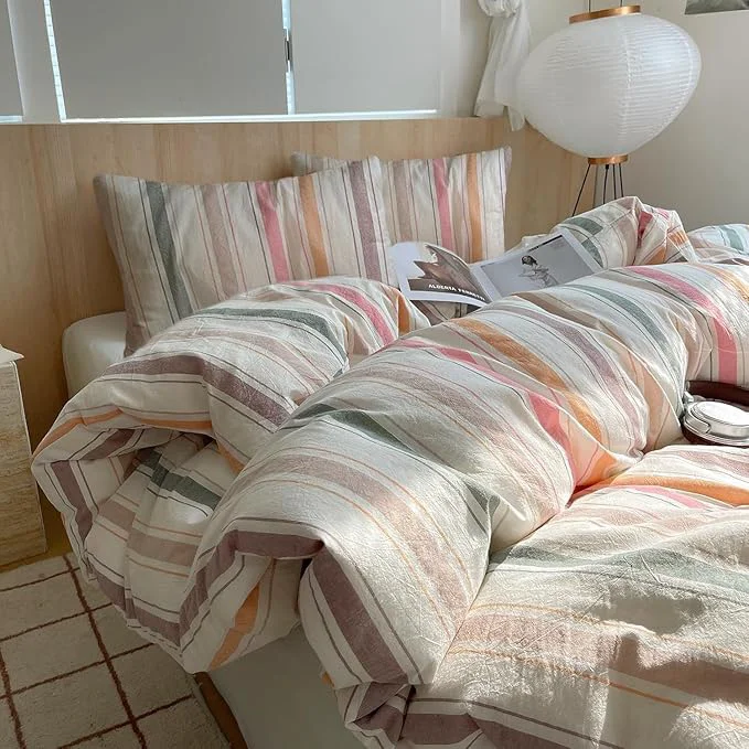 Artisan Striped XL Twin Comforter Down Washed Cotton Bedding Set Cozy Boho Fluffy Colorful Bedding Comforter Sets Farmhouse Soft All Season Cute Bed Comforter with 2 Pillowcases High-Performance