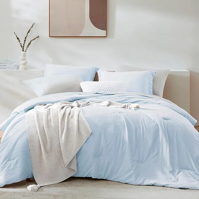 Relaxed WRENSONGE King Comforter Set 7 Pieces Ice Blue Soft Bed in a Bag King with Fitted Sheet Flat Sheet 2 Pillow Shams and 2 Pillowcases- Warm Bedding Set for All Season Carefully Designed