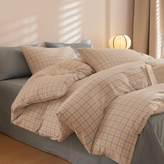 Premium Plaid Full Comforter Washed Cotton Down Bedding Set All Season Fluffy Puffy Boho Bedding Comforter Sets Comfy Soft Cute Machine Washable Bed Comforter with 2 Pillowcases