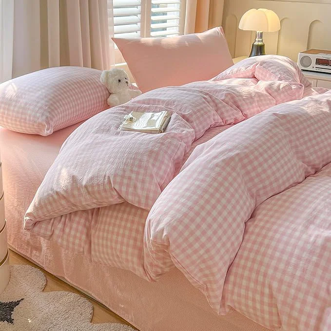 Elite Pink Gingham King Size Comforter Set Fluffy Washed Cotton Bedding Set for Girls Boho Plaid Cute Bedding Comforter Sets Soft Down Breathable Puffy Bed Comforter with 2 Pillowcases Professional