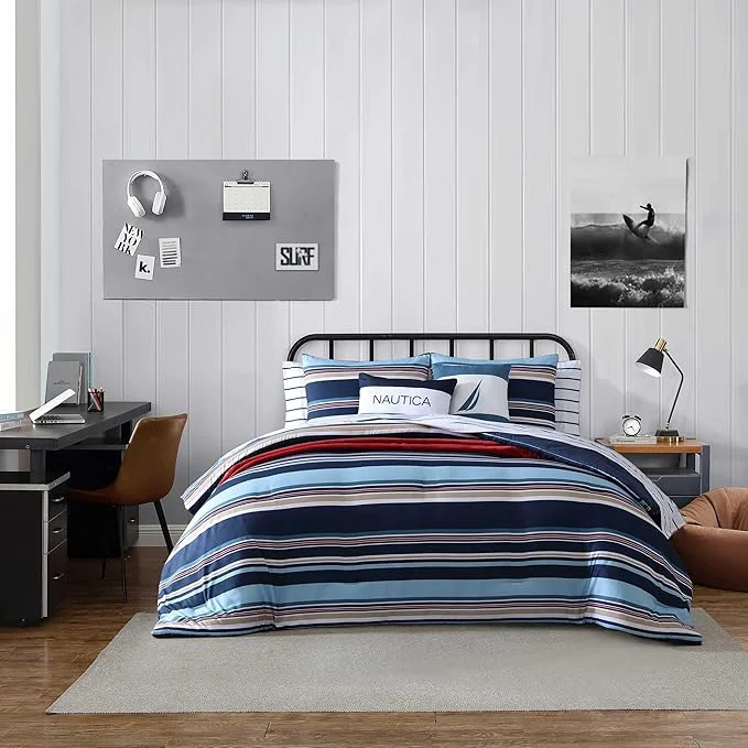 Quality Nautica – Queen Comforter Set Soft Woven Bedding with a Lightweight for Year Round Comfort 5 Piece Bed Set with Matching Pillowcases amp Bonus Throw Pillows Colton Blue Natural