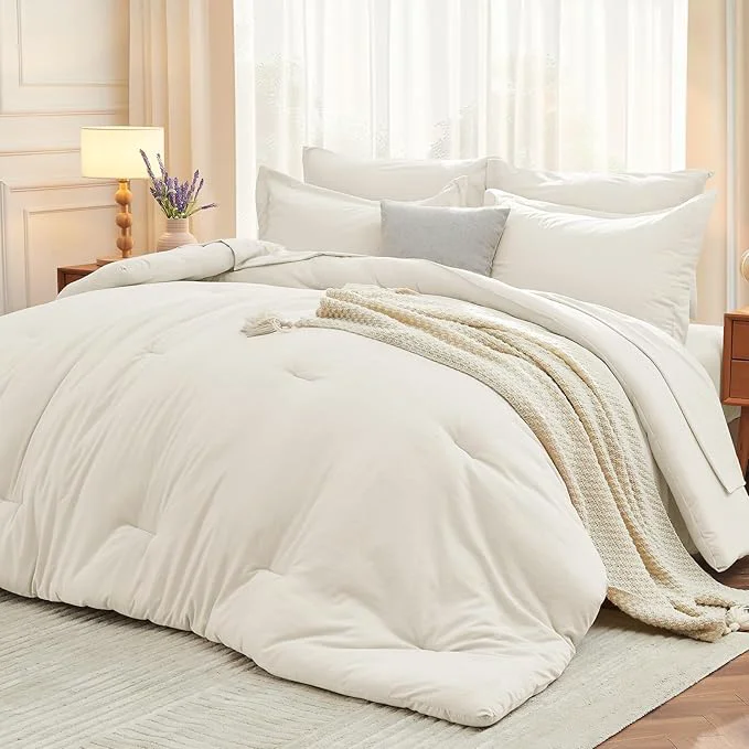 Fine MUXHOMO 7 Pieces Full Comforter Set Soft Bed in a Bag Full Size All Season Bedding Set with Comforter Flat Sheet Fitted Sheet Pillowcases amp Shams Ivory Top-Quality