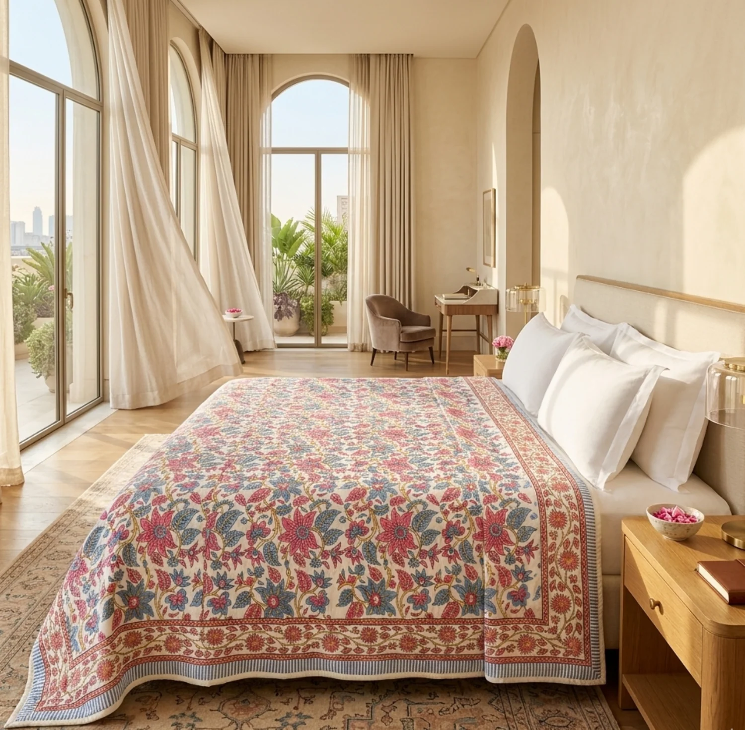 Verified Cream amp Rose Pink Dusty Blue Floral Jaipur Indian Hand Block Print Quilted Comforter Crafted