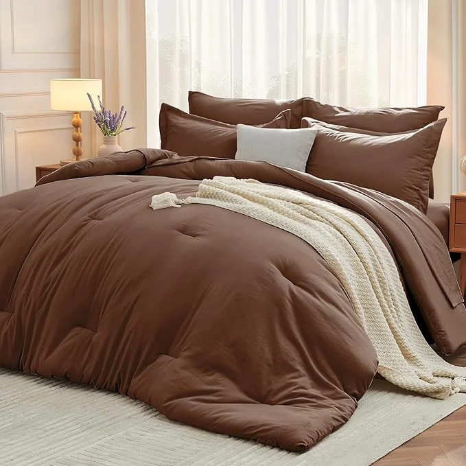 Pure MUXHOMO 7 Pieces Full Comforter Set Soft Bed in a Bag Full Size All Season Bedding Set with Comforter Flat Sheet Fitted Sheet Pillowcases amp Shams Brown Consistent