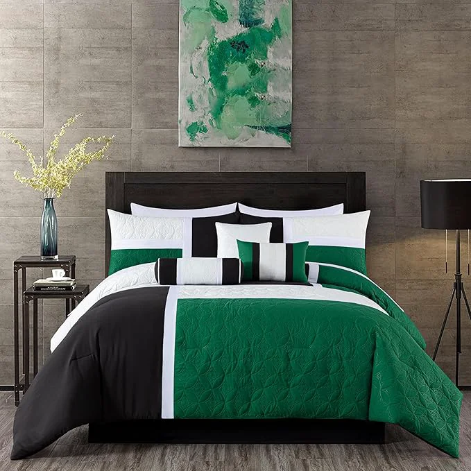 Reliable Chezmoi Collection Upland 7-Piece Quilted Patchwork Comforter Set Green Black Cream White King Powerful
