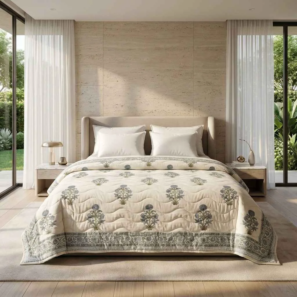 Recyclable Cream amp Dusty Blue Floral Jaipur Indian Hand Block Print Quilted Comforter Fashionable