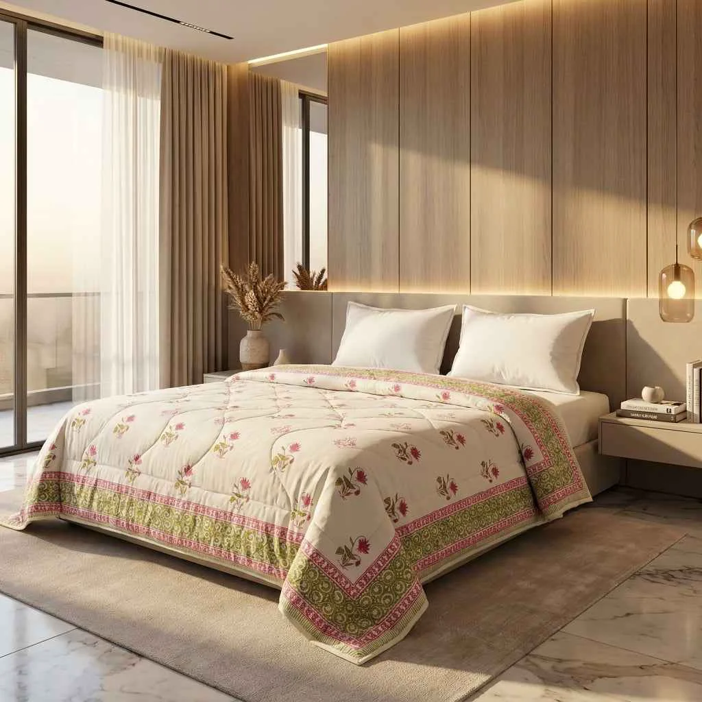 Convenient Cream amp Deep Rose Olive Floral Jaipur Indian Hand Block Print Quilted Comforter Traditional