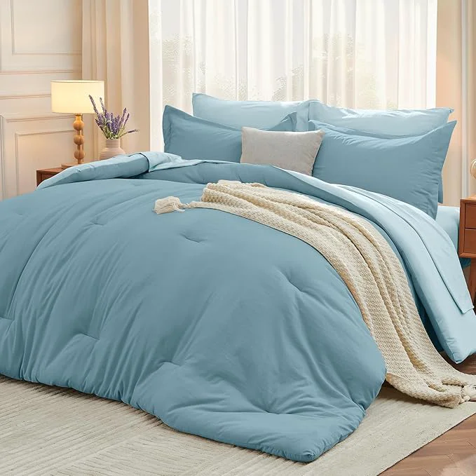 Breathable MUXHOMO 7 Pieces Full Comforter Set Soft Bed in a Bag Full Size All Season Bedding Set with Comforter Flat Sheet Fitted Sheet Pillowcases amp Shams Mineral Blue amp Light Blue Verified