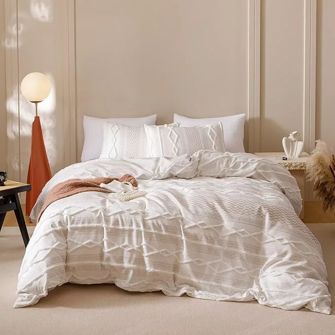 Crafted Houseri Tufted Comforter Set California King Beige Jacquard Bedding Sets Detailed