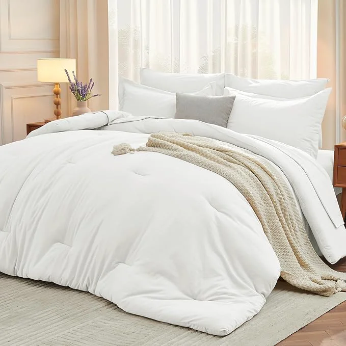 Unique MUXHOMO 7 Pieces King Comforter Set Soft Bed in a Bag King Size All Season Bedding Set with Comforter Flat Sheet Fitted Sheet Pillowcases amp Shams White Recyclable