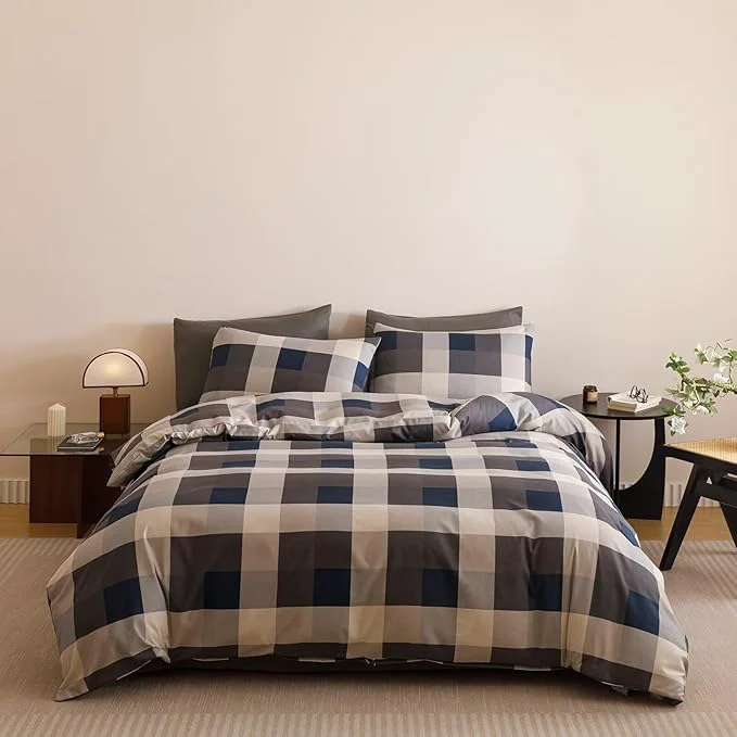 Powerful Houseri Blue Plaid Comforter Set Twin Vintage Grid Bedding Sets First-Class