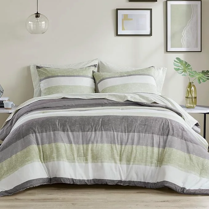 Detailed Madison Park Essentials Jaxon Cal King Comforter Set Bed in A Bag Comforter amp Sheet Set Modern Casual Stripes Print All Seasons Soft Bedding Makeover Matching Sham Cal King Green Grey 7 Piece Secure