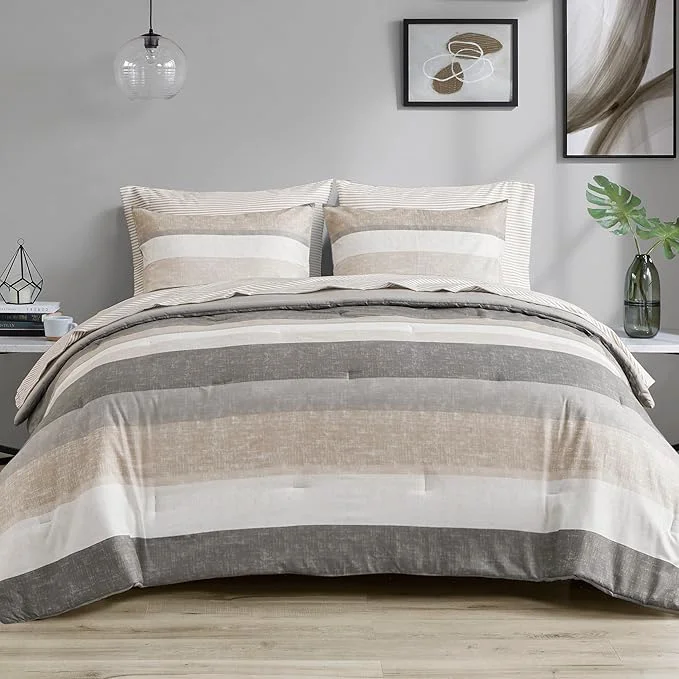 Artisan Madison Park Essentials Twin Comforter Set Bed in A Bag Comforter amp Sheet Set Modern Casual Stripes Print All Seasons Soft Microfiber Bedding Makeover Matching Shams Twin Taupe Grey 5 Piece Fine Crafted