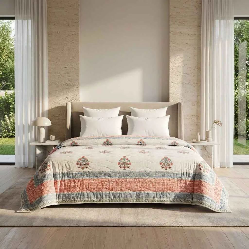Fine Crafted Cream amp Dusty Blue Mauve Floral Jaipur Indian Hand Block Print Quilted Comforter Contemporary