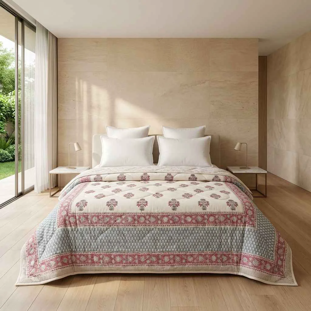 Durable Cream amp Charcoal Taupe Floral Jaipur Indian Hand Block Print Quilted Comforter 3 Unique