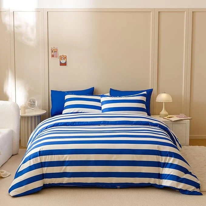Artisan Houseri Blue Striped Comforter Set Full 3 Piece White and Blue Bedding Full Size Lightweight Modern Stripes Bed Set Soft Comfy Quilt Blanket Full Casual
