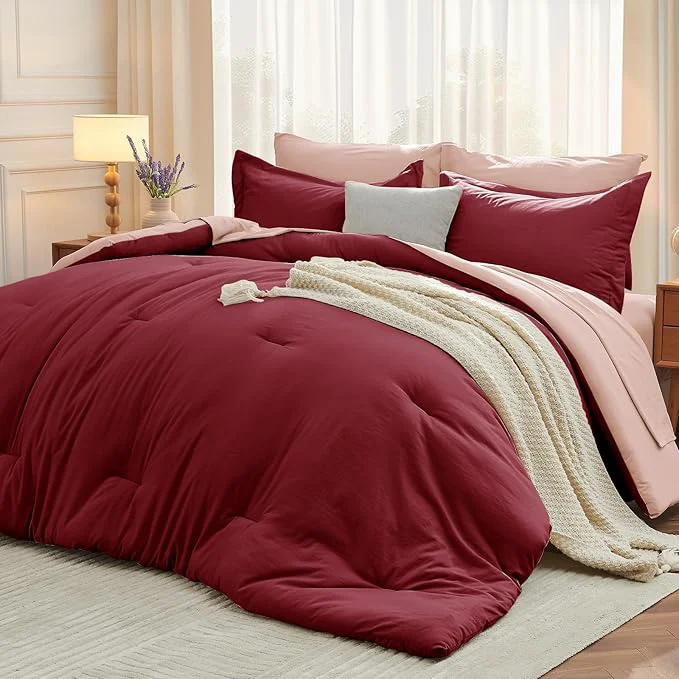 Official MUXHOMO 7 Pieces King Comforter Set Soft Bed in a Bag King Size All Season Bedding Set with Comforter Flat Sheet Fitted Sheet Pillowcases amp Shams Burgundy amp Rose Gold Contemporary