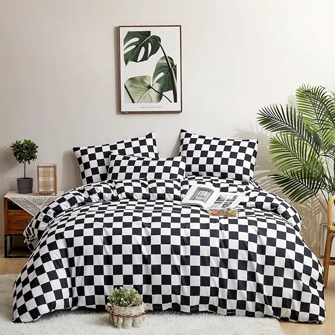 Sustainable Houseri Black and White Plaid Comforter Set Twin Boys Buffalo Checkered Bedding Kids Girls Black Checkerboard Comforters Twin Size Comfy Soft Chessboard Grid Gingham Bed Dorm Quilts Blankets Twin 3PCS Fast