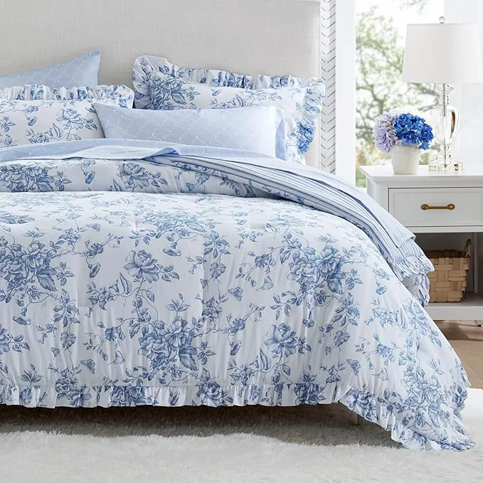 High-Quality Madison Park Essentials Adele Blue Floral Twin XL Size Comforter Set – Vintage Bed in a Bag with Sheets Reversible Ruffle Bedding Elegant Gift for Her Carefully Designed
