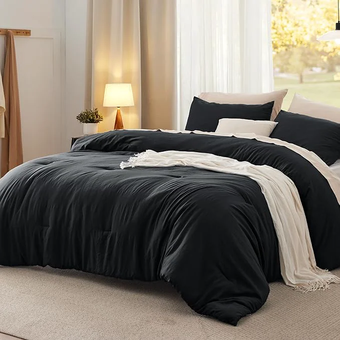 High-End Bedsure Oversized Queen Comforter Set Black Soft Prewashed Bedding for All Seasons 3 Pieces GentleSoft™ Bed Set 1 Lightweight Comforter 98 quot x98 quot and 2 Pillowcases 20 quot x26 quot Secure
