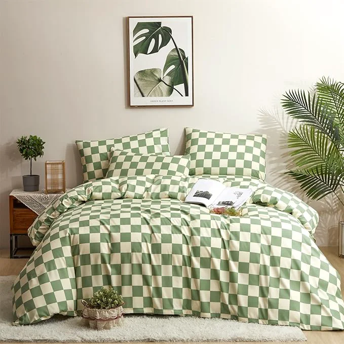 Verified Houseri Green and White Plaid Comforter Set California King Sage Green Buffalo Checkered Bedding Comforter Sets Cal King Light Green Beige Grid Comforters California King Size Checkerboard Bedding Set Long-Lasting