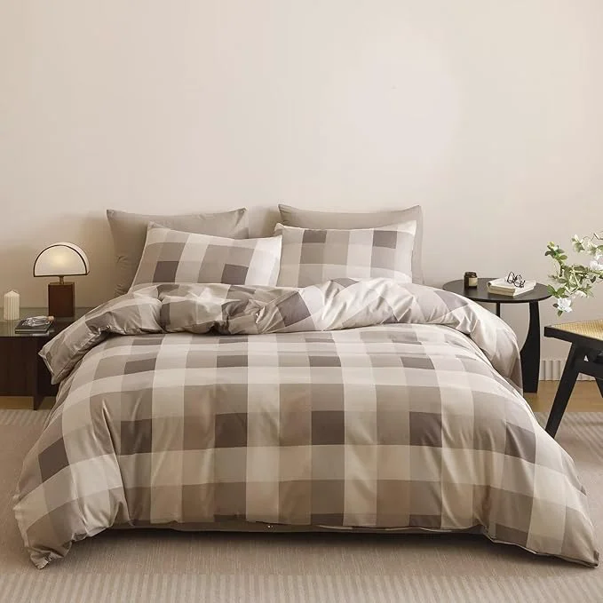 Versatile Cottonight Checkered Khaki Comforter Set Full Gingham Grid Bedding Set Khaki and Cream Coffee Grid Comforter Fluffy Soft Bedding Set Kids Teens Full Comforter with 2 Pillowcases Carefully Designed