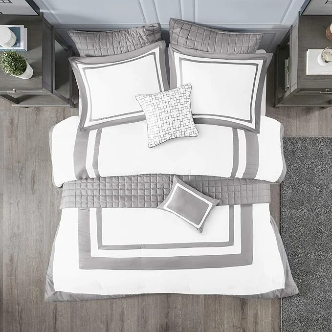 Pure Madison Park Heritage Comforter Quilt Combo Set – Modern Luxury Design All Season Down Bedding Matching Shams Decorative Pillows King Cal King 104 quot x92 quot Color Block Grey 8 Piece Proven