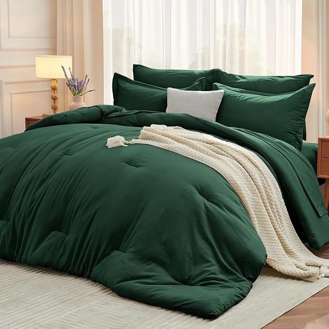 Genuine MUXHOMO 7 Pieces Queen Comforter Set Soft Bed in a Bag Queen Size All Season Bedding Set with Comforter Flat Sheet Fitted Sheet Pillowcases amp Shams Dark Emerald Green Easy-to-Use