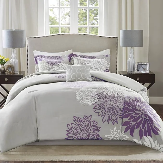 Secure Comfort Spaces Enya Comforter Set-Modern Floral Design All Season Down Bedding Matching Shams Bedskirt Decorative Pillows Queen 90 quot x90 quot Purple Trendy