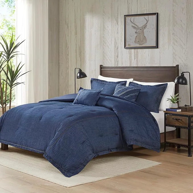 Modern Woolrich Rustic Lodge Cabin Comforter Set – All Season Down Warm Bedding Layer and Matching Shams Oversized King Perry Denim Blue Selected