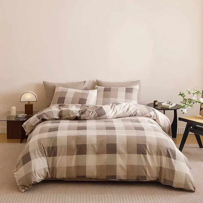 Specialty Houseri Coffee Color Plaid Comforter Set California King Vintage Grid Bedding Sets Classic