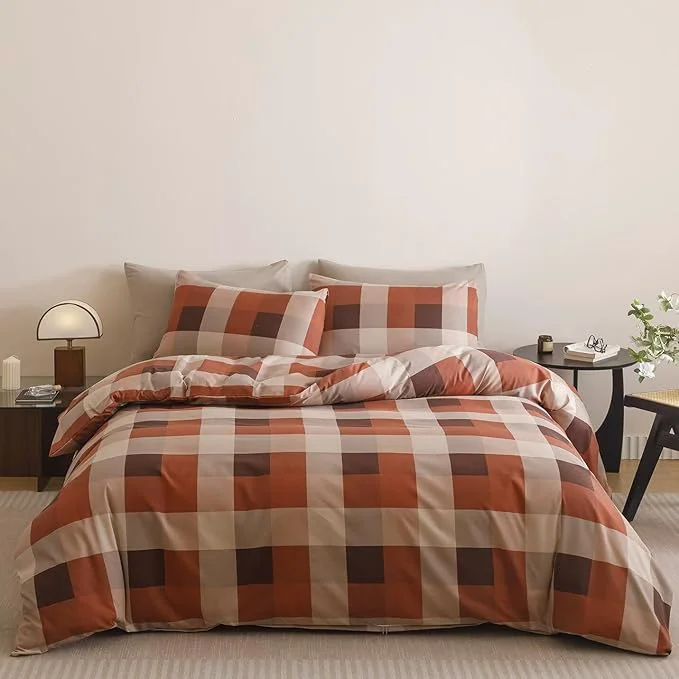 Easy-to-Use Cottonight Checkered Red Comforter Set Queen Men Gingham Grid Bedding Set Red and Khaki Grid Comforter Fluffy Soft Blanket Quilts Modern Cottagecore Comforter with 2 Pillowcases for Queen Bed Fine