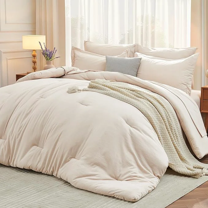 Optimized MUXHOMO 7 Pieces Full Comforter Set Soft Bed in a Bag Full Size All Season Bedding Set with Comforter Flat Sheet Fitted Sheet Pillowcases amp Shams Beige Original Design