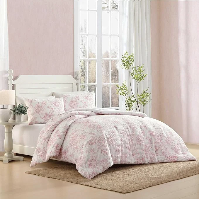 World-Class Laura Ashley – Comforter Set Soft Poly Waffle Textured Bedding with Matching Shams Delicate Floral Design Delphine Pastel Pink Full Queen Premium