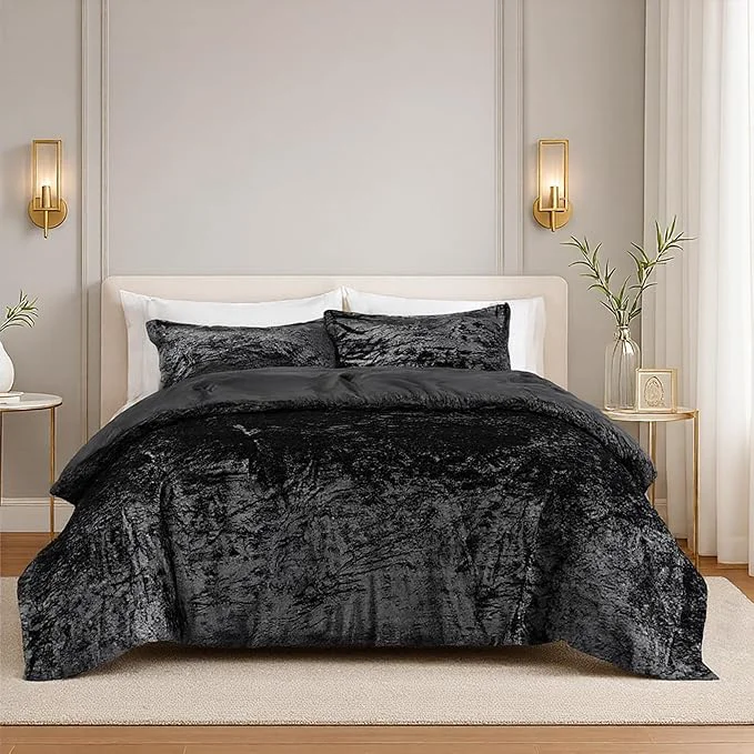 Premium Material Comfort Spaces Juliette Luxe Comforter Set Velvet Lush with Soft Brushed Microfiber Reverse All Season Cozy Velvet Bedding Sets Fluffy Comforter Bed Set Matching Sham Black Full Queen 3 Piece Organic
