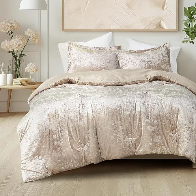 Optimized Comfort Spaces Luxe Queen Comforter Set Velvet Comforters for Queen Size Bed Microfiber Reverse Juliette All Season Velvet Bedding Queen Size Fluffy Bed Set Sham Full Queen Champagne 3 Piece High-Performance