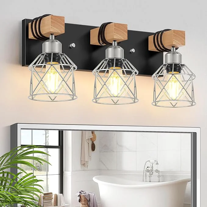 World-Class FadimiKoo 3-Light Wood Bathroom Light Fixtures Over Mirror Rustic Black Silver Convenient