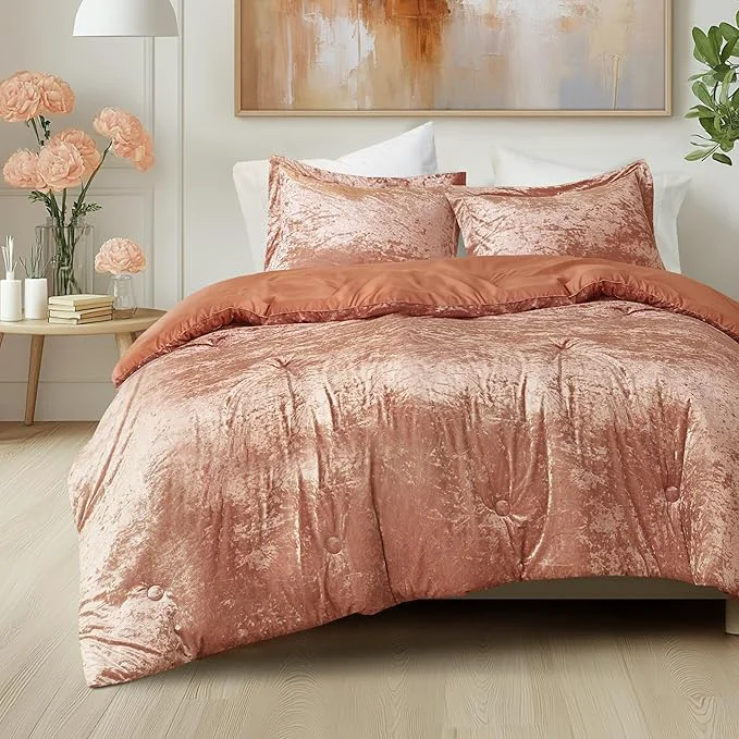Detailed Comfort Spaces Luxe Queen Comforter Set Velvet Comforters for Queen Size Bed Microfiber Reverse Juliette All Season Velvet Bedding Queen Size Fluffy Bed Set Sham Full Queen Burnt Orange 3 Piece Pure