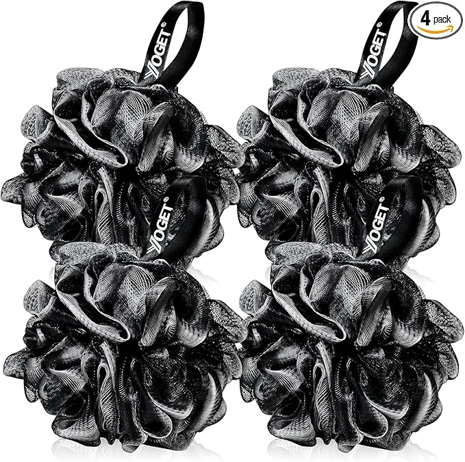 Classic Yoget Bath Loofah Sponge 4 Pack Black 60G Shower Mesh Ball Soft Pouf Body Premium Material