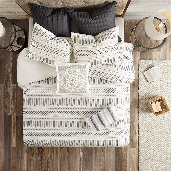Safe INK IVY Rhea Cotton Duvet Set Mid Century Modern Boho Design All Season Comforter Cover Bedding Set Matching Shams Full Queen Geometric Clipped Jacquard Ivory 3 Piece Exceptional