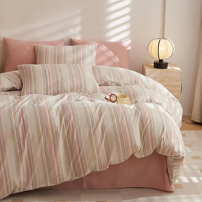 Expertly Made HighBuy Queen Comforter Set Fluffy White and Pink Striped Bedding Stripes Comforter Set Modern Chic Geometric Comforter with 2 Pillow Shams Stripe Bedding Comforter for Boys Girls All Season Refined