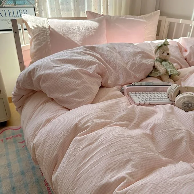 Responsible HighBuy Full Size Comforter Set Pink Gingham Bedding Set with Lace Ruffles 3 Pieces Plaid Comforter Set for All Season Modern Chic Plaid Checkered Pattern Farmhouse Gird Breathable Fluffy Sustainable