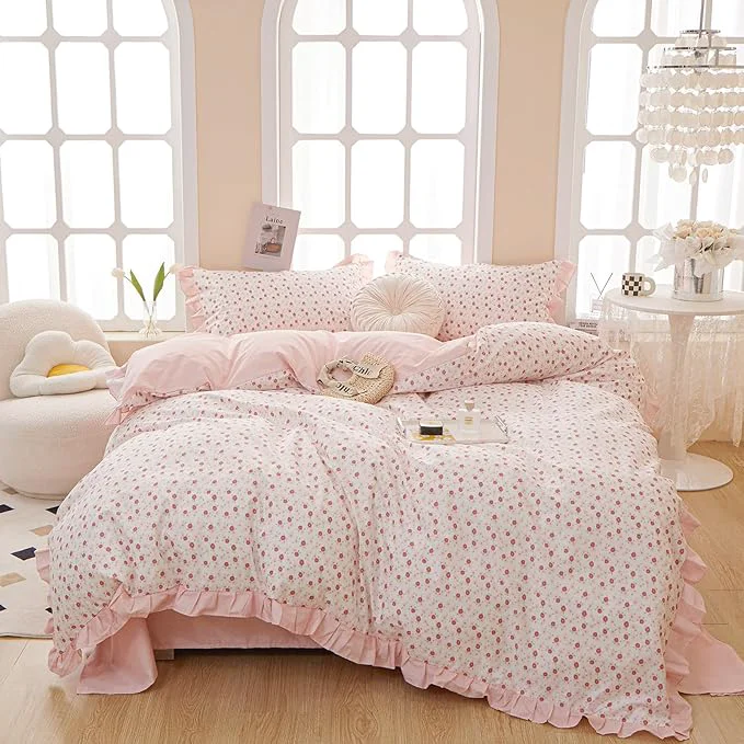 Smart HighBuy Pink Floral Queen Comforter Set Ruffled Coquette Cottagecore Bedding Comforter for Women Girl Lightweight Fluffy Flower Comforter Set 1 Pink Striped Comforter with 2 Pillowcases Modern