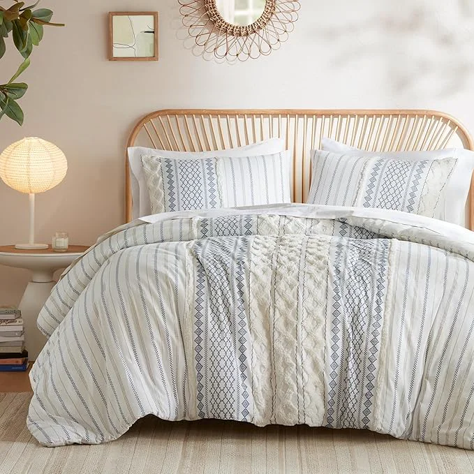 Trendy INK IVY Cotton Duvet Mid Century Modern Design All Season Comforter Cover Bedding Set Matching Shams Full Queen Imani Chenille Navy Elegant